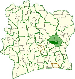 Location (dark green) in Iffou region (light green) in Ivory Coast. Ouellé Department has retained the same boundaries since its creation in 2020.