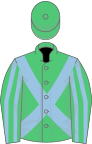 Emerald green, light blue cross belts, striped sleeves
