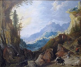 In the background, there stands a mountain peak virtually melting into the sky. In the foreground, on the bottom right, four horsemen and a dog are running down a mountain trail. The leading horsman is blowing his horn.