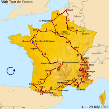 Route of the 1951 Tour de France followed counterclockwise, starting in Metz and finishing in Paris