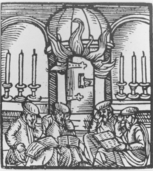 Jews in a synagogue with books, woodcut, Prague, 1617