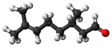 Ball-and-stick model of the (-)-citronellal molecule