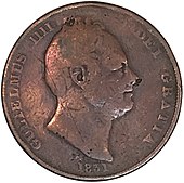A worn copper coin dated 1831 with a portrait of a man (William IV) on it