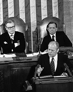 President Gerald Ford with Vice President Nelson Rockefeller and House Speaker Carl Albert during the 1975 State of the Union address.