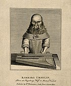 A line engraving of a woman with a hairy face playing the harpsichord.