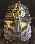 The Mask of Tutankhamun; circa 1327 BC; gold, glass and semi-precious stones; height: 54 cm (211⁄4 in.), width: 39.3 cm (151⁄2 in.), depth: 49 cm (191⁄4 in.); from the Valley of the Kings (Thebes, Egypt); Egyptian Museum. The mummy mask of Tutankhamun is perhaps the most iconic object to survive from ancient Egypt