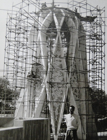 A picture of the construction of the Mausoleum of Omar Khayyam, on top of the Headstone of Omar Khayyam. This mausoleum was designed by Hooshang Seyhoun in the 20th century.