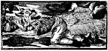 Dieser Holzschnitt zeigt einen knienden Menschen, der mit den Händen fuchtelt und seinen raubtierhaften Kopf mit offenem Maul und weit aufgerissenen Augen nach hinten gedreht hat; der Oberkörper ist fellbedeckt, der Unterkörper mit Hosen und Schuhen normal angezogen.