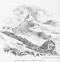 Die Kürsingerhütte vor 1894, dahinter der Große Geiger