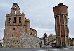 Church and water deposit in Remondo, Segovia, Spain.
