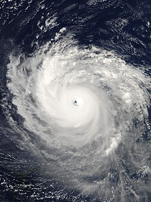 Satellite image of Hurricane Isabel at peak intensity, while maintaining a clear eye.
