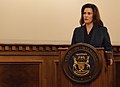 Image 34Governor Gretchen Whitmer speaking at a National Guard ceremony in 2019 (from Michigan)