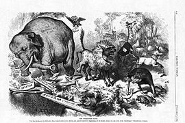 An 1874 cartoon by Thomas Nast, featuring the first notable appearance of the Republican elephant[185]