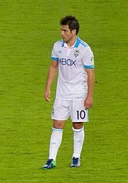 Nicolás Lodeiro, dressed in an all-white Sounders uniform, pictured while playing for the team in 2017