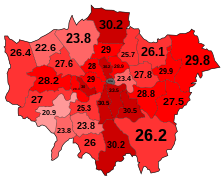 Percentage of conceptions aborted in London by each borough in 2020
