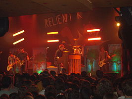 Relient K performing in May 2007. From left to right: Jon Schneck, Matt Hoopes, Matt Thiessen, Dave Douglas and John Warne.
