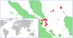 The dominion of Riau-Lingga Sultanate in red, consisting of many islands in the South China Sea and enclave in Kateman, Sumatra.