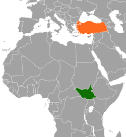 Map indicating locations of South Sudan and Turkey