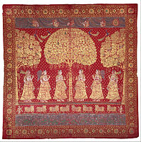 Gopis and cows, late 18th century, cotton plain-weave, dyed and painted with opaque watercolors, gold and silver, 244 cm (96.06″) x 254 cm (100″)