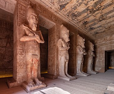 First Pillared Hall, with eight Osiride statues of Ramsses II, Temple of Ramsses II, Abu Simbel, Egypt, 13th century BC