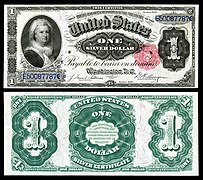 Obverse and reverse of an 1891 one-dollar silver certificate depicting Martha Washington