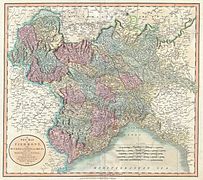 English map representing the North West Regions of Italy (Kingdom of Sardinia, Duchy of Milan, Republic of Genoa) and the border with France in the 18th century.