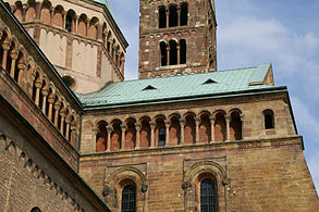 Dwarf galleries are a major decorative feature on the exterior of Speyer Cathedral, Germany (1090–1106), surrounding the walls and encircling the towers. This was to become a feature of Rhenish Romanesque.