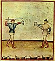 Sword and buckler (small shield) combat, plate from the Tacuinum Sanitatis illustrated in Lombardy, ca. 1390.