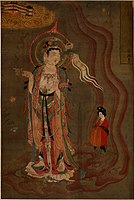 Bodhisattva leading a lady donor towards the Pure Lands. Painting on silk (Library Cave), Late Tang. Mogao Caves