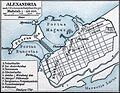 Stadtplan des antiken Alexandria. Das Museion befand sich im Nordosten, das Serapeion im Südwesten.