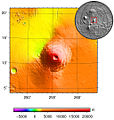topographic map of Ascraeus mons shaded in red, orange, and yellow