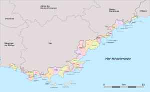 Administrative Karte der Côte d’Azur mit allen Gemeinden