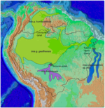 Verbreitungsgebiete der Amazonas-Flussdelfine (Iniidae); hellgrün dargestellt ist das Verbreitungsgebiet des Amazonasdelfins, blau das von Inia araguaiaensis und violett das von Inia boliviensis