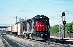 A St. Louis Southwestern Railway train passes through Colton Junction, 1989