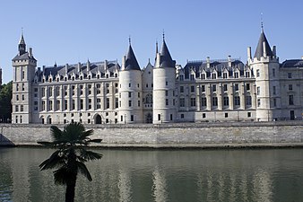 The original towers of the Palais de la Cité; the Tour Bonbec (1226–70), far right, is the oldest; the Cesar Tower and Silver Tower (center) and Horloge Tower (left) were built in the 14th century.