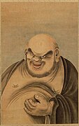 Hotei lifting his belly, a stereotypical depiction based on earlier Chinese copies. Painting by Odano Naotake (1750–1780), Edo period.