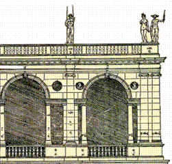 Detail of the upper loggia with two serliana (drawn from I quattro libri dell'architettura)