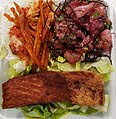 Side dish of taegu (cod) with poke and fried salmon mixed plate