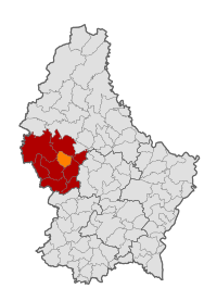 Map of Luxembourg with Préizerdaul highlighted in orange, and the canton in dark red