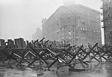 Barricades and anti-tank hedgehogs in the streets of Moscow (Battle of Moscow, October 1941)