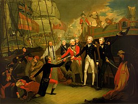 Nelson receiving the surrender of the San José by Daniel Orme, painted 1799