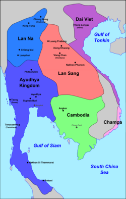 Extent of Lan Na's zone of influence (dark blue), c. 1400.