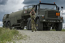 An Oshkosh Wheeled Refueller vehicle operated by the RAF Tactical Supply Wing.