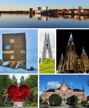 From top: View over downtown showing Ume River, The Museum of Visual Arts, "Skin 4" at Umeå Arts Campus, Umeå City Church, the Heart Smiley, Umeå Town Hall