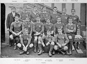 The full Welsh squad lining up for the purpose of a pre-match photo. Gould is seated centrally, dwarfed by his larger teammates.