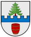 Gemeinde Unterburgkirchen In Silber ein oben gezinnter blauer Balken, aus dem ein breiter grüner Nadelbaum wächst, darunter ein rotes Salzfass.[2]