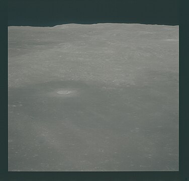 Orbital photo from Apollo 15 showing the landing site just below center. The bright crater is Moltke.
