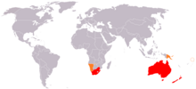 Karte der drei Dominions Australien, Neuseeland und Südafrika sowie den Mandatsgebieten Neuguinea Südwestafrika und Westsamoa