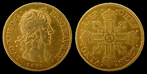 4 Louis d'or of Louis XIII (1640), first year of issue, Paris Mint.[nb 1]
