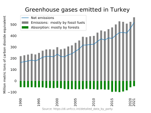 Bar chart showing much more greenhouse gas emitted, mostly from fuels, than absorbed, mostly by forests. Net emissions line shows a generally increasing trend with slight dips in a few years